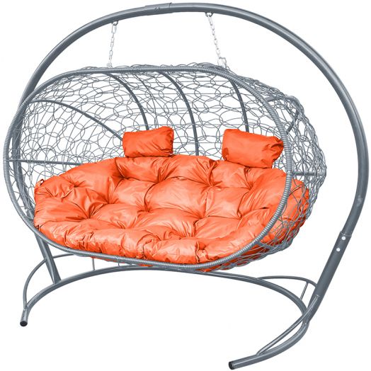 МГПДЛ-13-07 Подвесной диван ЛЕЖЕБОКА с ротангом серый, оранжевая подушка