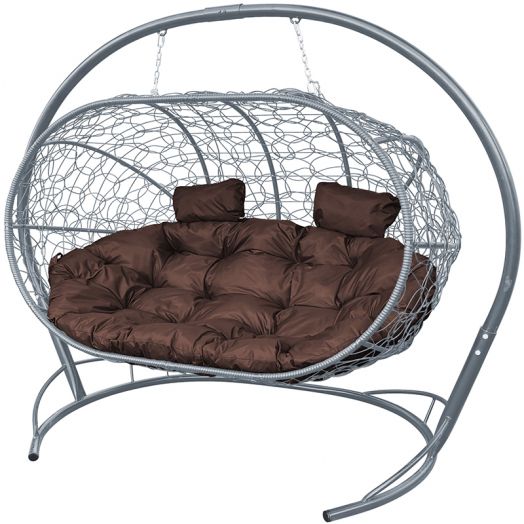 МГПДЛ-13-05 Подвесной диван ЛЕЖЕБОКА с ротангом серый, коричневая подушка