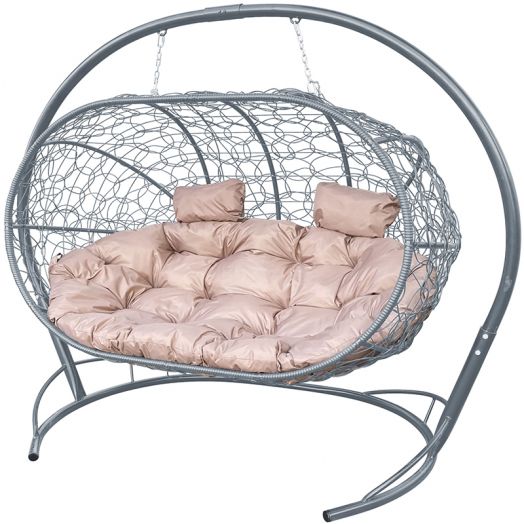 МГПДЛ-13-01 Подвесной диван ЛЕЖЕБОКА с ротангом серый, бежевая подушка