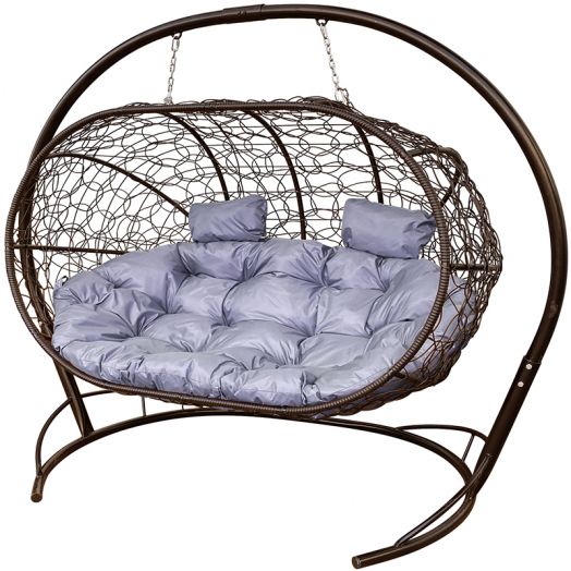 МГПДЛ-12-09 Подвесной диван ЛЕЖЕБОКА с ротангом коричневый, серая подушка