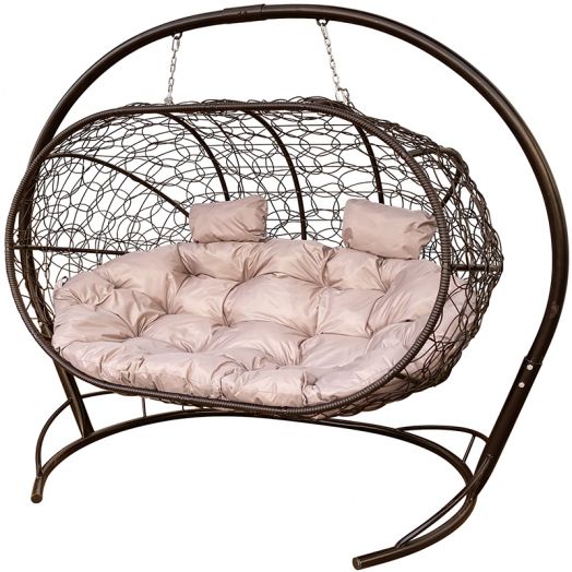МГПДЛ-12-01 Подвесной диван ЛЕЖЕБОКА с ротангом коричневый, бежевая подушка
