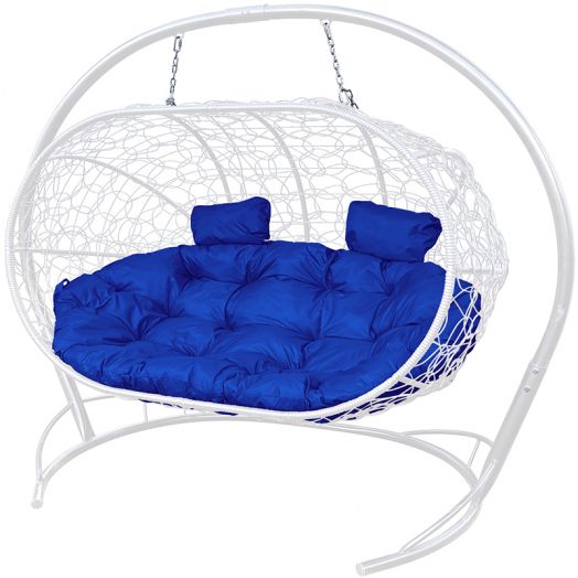 МГПДЛ-11-10 Подвесной диван ЛЕЖЕБОКА с ротангом белый, синяя подушка