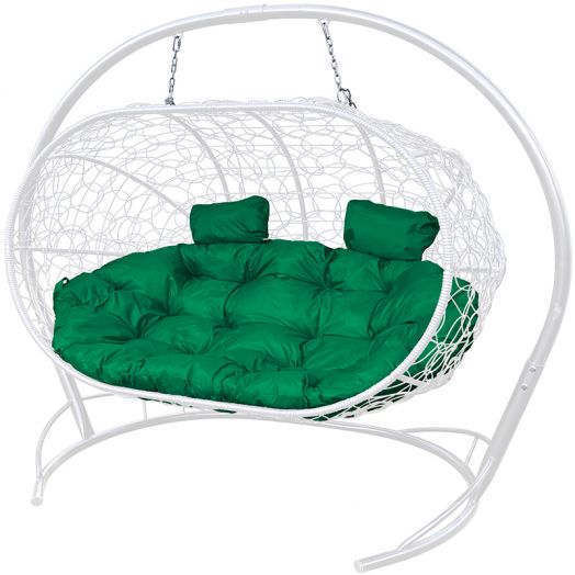 МГПДЛ-11-04 Подвесной диван ЛЕЖЕБОКА с ротангом белый, зелёная подушка