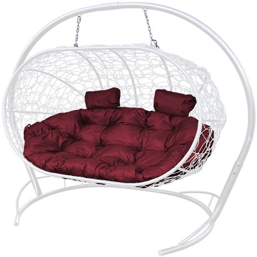 МГПДЛ-11-02 Подвесной диван ЛЕЖЕБОКА с ротангом белый, бордовая подушка