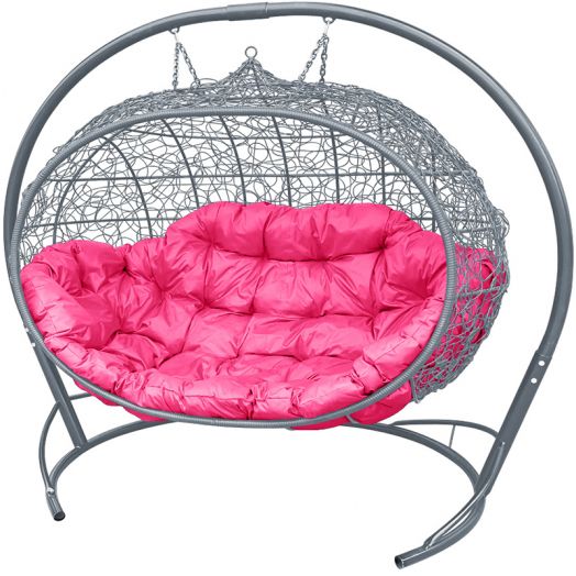 МГПДУ-13-08 Подвесной диван УЛЕЙ с ротангом серый, розовая подушка