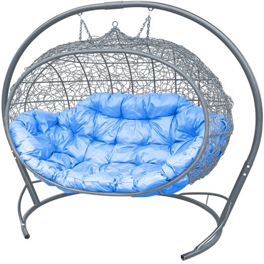 МГПДУ-13-03 Подвесной диван УЛЕЙ с ротангом серый, голубая подушка