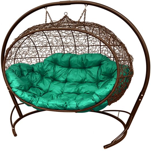 МГПДУ-12-04 Подвесной диван УЛЕЙ с ротангом коричневый, зелёная подушка