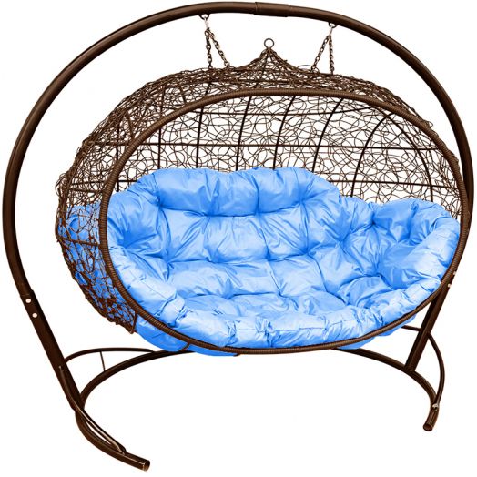 МГПДУ-12-03 Подвесной диван УЛЕЙ с ротангом коричневый, голубая подушка