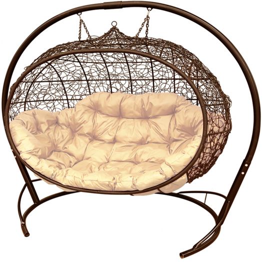 МГПДУ-12-01 Подвесной диван УЛЕЙ с ротангом коричневый, бежевая подушка