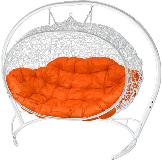 МГПДУ-11-07 Подвесной диван УЛЕЙ с ротангом белый, оранжевая подушка