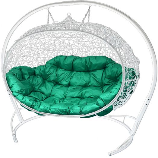 МГПДУ-11-04 Подвесной диван УЛЕЙ с ротангом белый, зелёная подушка