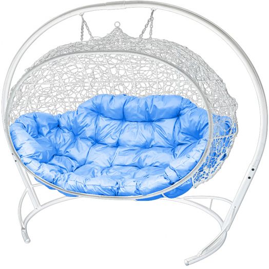 МГПДУ-11-03 Подвесной диван УЛЕЙ с ротангом белый, голубая подушка