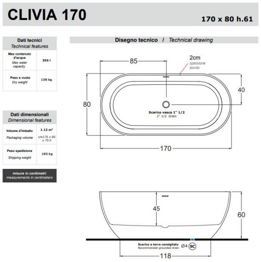 Отдельностоящая ванна Gruppo Treesse Clivia 170х80 V447 схема 2