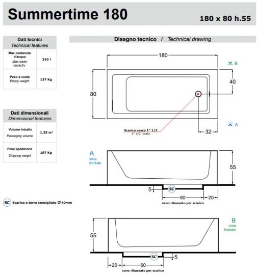 Отдельностоящая ванна Gruppo Treesse Summertime из керамики 180х80 V3180 ФОТО