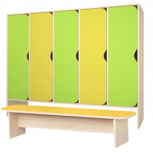 РСН-032 Шкаф детский для одежды с банкеткой 5 секций (Цветные фасады)