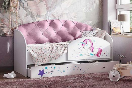 Кровать Звездочка, белый/рисунок единорог/розовый со стразами