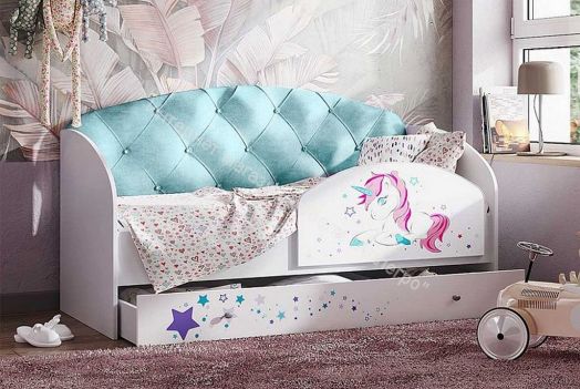 Кровать Звездочка, белый/рисунок единорог/бирюзовый со стразами