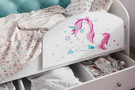 Кровать Звездочка, белый/рисунок единорог/фиолетовый с пуговицами