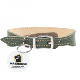 Ошейник для собак Mr.Kranch из натуральной кожи с QR-адресником оливковый 38-45 см