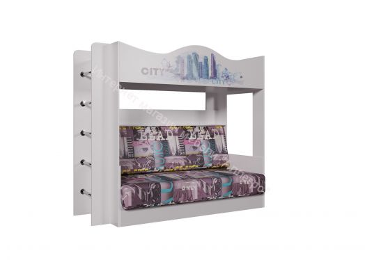 Кровать Сити двухъярусная с диваном, венге/белый/фиолетовый