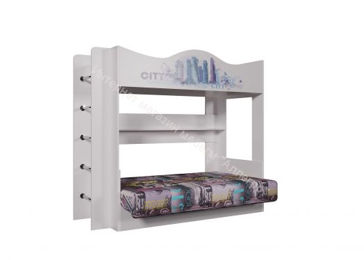 Кровать Сити двухъярусная с диваном, дуб сонома/белый/фиолетовый