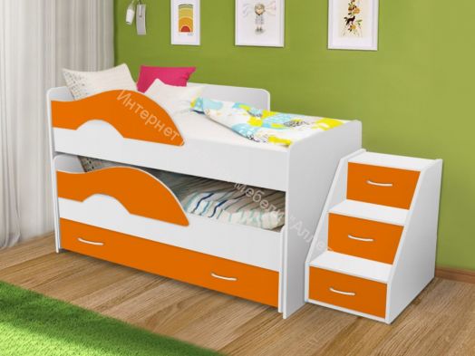 Кровать выкатная "Радуга" (Матрешка) 0,8х1,6м на щитах с ящиком и лесенкой Белый, Оранжевый