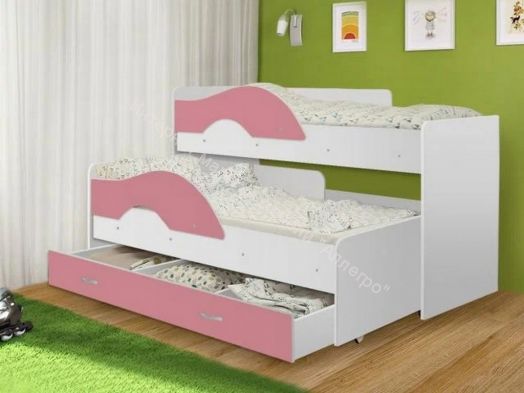 Кровать 2-х ярусная выкатная "Радуга" (Матрешка) 80х160 без ящика Белый, Розовый