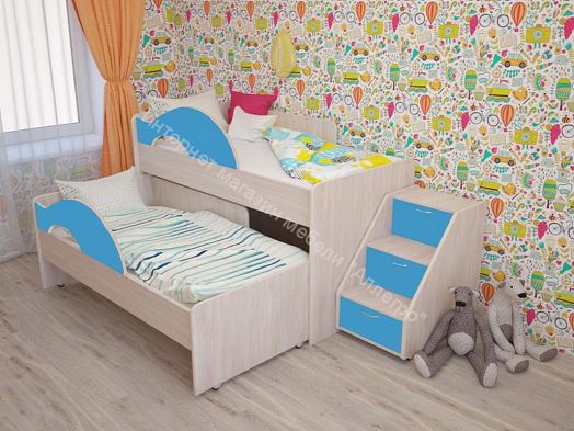 Лестница для кроватей "Радуга" (Матрешка), "Соник" млечный дуб/синий