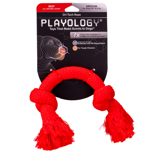 Игрушка для собак средних пород Playology DRI-TECH ROPE красный жевательный канат с ароматом говядины