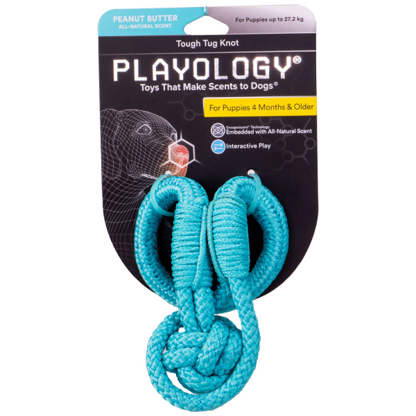 Игрушка для щенков Playology TOUGH TUG KNOT голубой жевательный канат с ароматом арахиса