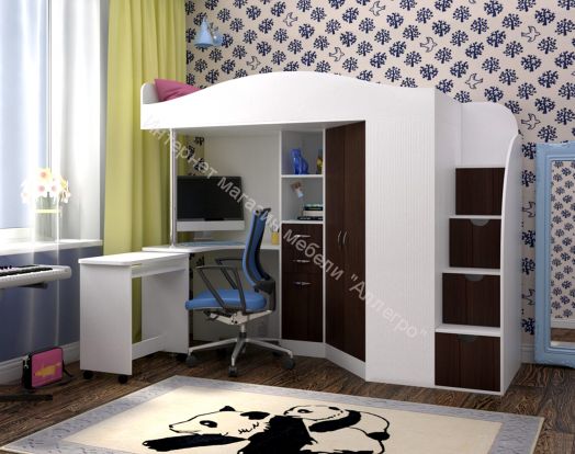 Кровать-чердак Юниор-4 80*190, белое дерево/венге