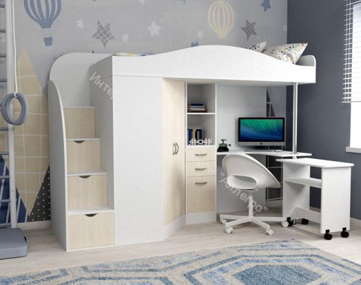 Кровать-чердак Юниор-4 80*190, белое дерево/дуб молочный