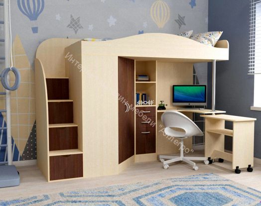 Кровать-чердак Юниор-4 80*190, дуб молочный/бодего темный