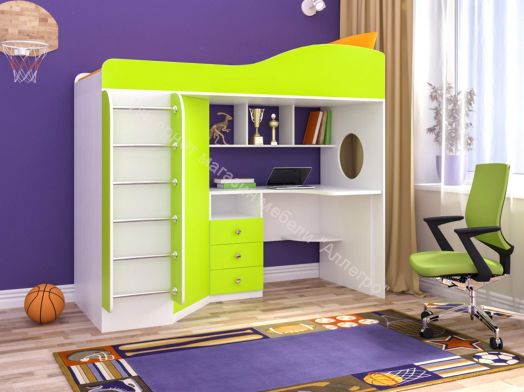 Кровать-чердак Кадет-1 08*1,9 м с металлической лестницей, Белое дерево /Лайм