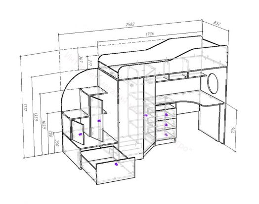 Кровать-чердак Кадет-1 08*1,9 м, Белое дерево/Ирис