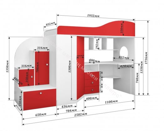 Кровать-чердак Кадет-1 08*1,9 м, Бодего темный/Белое дерево