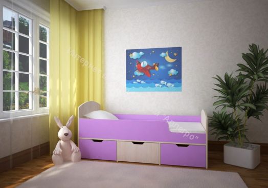 Кровать Малыш Мини 0,7*1,6 м с бортиком и 3-мя выкатными ящиками, Дуб молочный / Ирис