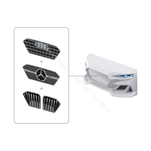 Кровать-машинка Romack Dynamic ламели+Подсветка фар+Объёмный капот Белая