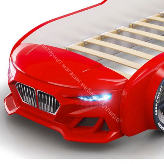 Кровать-машинка Romack Dynamic ламели+Подсветка фар+Объёмный капот Красная