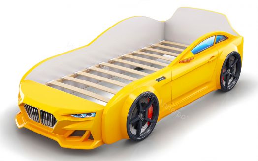 Кровать-машинка Romack Dynamic ламели+Подсветка фар+Объёмный капот Жёлтая