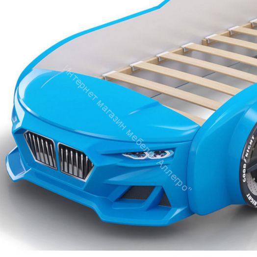 Кровать-машинка Romack Dynamic ламели+Подсветка фар+Объёмный капот Голубая