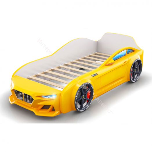 Кровать-машинка Romack Dynamic ламели+Подсветка фар+Объёмный капот Жёлтая