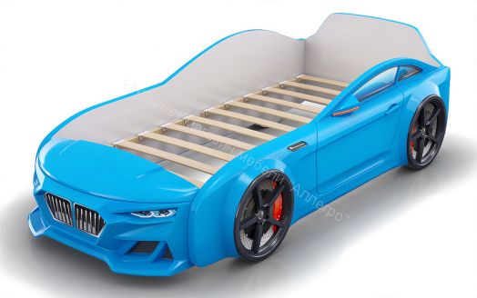 Кровать-машинка Romack Dynamic ламели+Подсветка фар+Объёмный капот Голубая