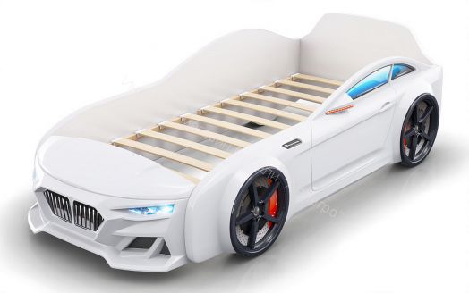 Кровать-машинка Romack Dynamic ламели+Подсветка фар+Объёмный капот Белая