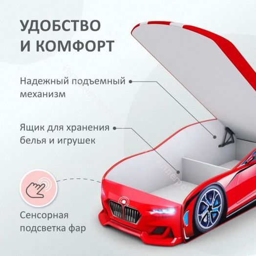 Кровать-машинка Romack Boxter New 170*70 см с подъёмным механизмом + Подсветка фар + Объёмный бампер, Красный
