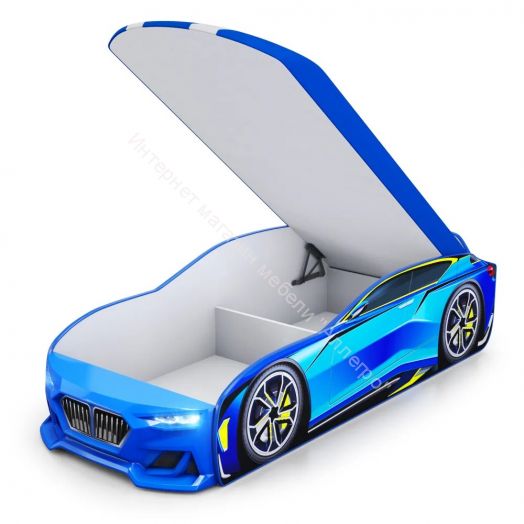 Кровать-машинка Romack Boxter New 170*70 см с подъёмным механизмом + Подсветка фар + Объёмный бампер, Голубой