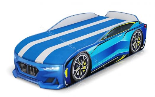 Кровать-машинка Romack Boxter New 170*70 см с подъёмным механизмом + Подсветка фар + Объёмный бампер, Голубой