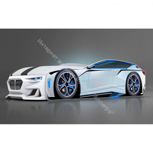 Кровать-машинка Romack Boxter New 170*70 см с подъёмным механизмом + Подсветка фар + Объёмный бампер, Белый