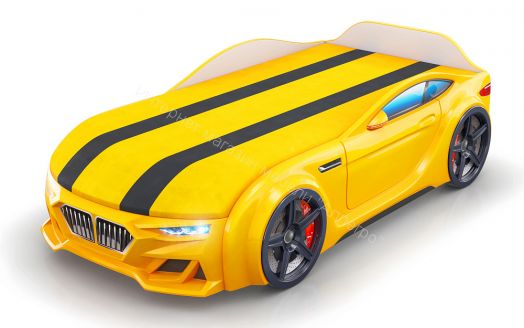 Кровать-Машинка Baby-M 150*70 см с П/М +подсветка фар + ящик + Орто Матрас, желтая