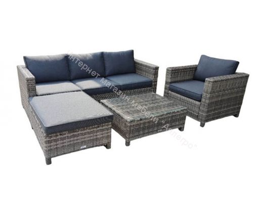 Комплект GRAND VICKY (диван + пуф + кресло + стол со стеклом) с подушками, ротанг искусственный, Серый